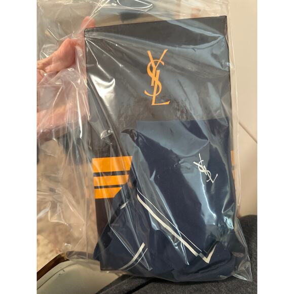 YSL yves st laurent silk Navy Logo scarf vintage box Minimalist boarder square - Picture 11 of 11